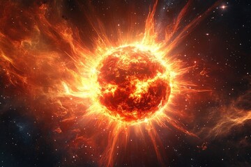 Fiery starburst in cosmic expanse.  Intense solar flares erupt from a blazing star, enveloped in swirling nebulae