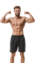 Fototapeta premium Muscular Man Confidence: A powerful image of a muscular man with a defined physique, flexing his biceps with a confident smile. His athleticism and dedication to fitness are evident.