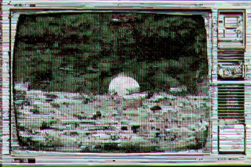 Vintage TV screen showing a scene of a moonlit landscape