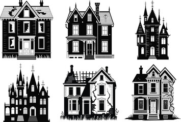 Fototapeta premium Scary Halloween House Silhouette Art for Sublimation & Print. Spooky Haunted House Silhouette for Halloween Designs, Trick or Treat Haunted House Silhouette for Crafts & Decor. Halloween House Vector.