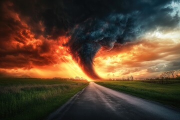 A powerful tornado emerges from a fiery sunset sky,  reaching down over a road