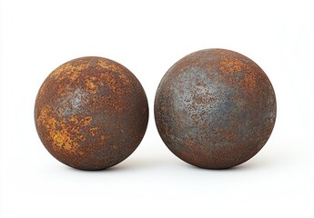 Two rusted metal spheres with textured surfaces sitting side by side on a white background, showing various shades of brown and orange corrosion