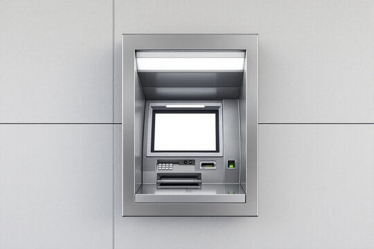 Automated teller machine with blank screen and keypad, modern design style, mounted on light gray wall background. Concept of banking technology. Ai generative