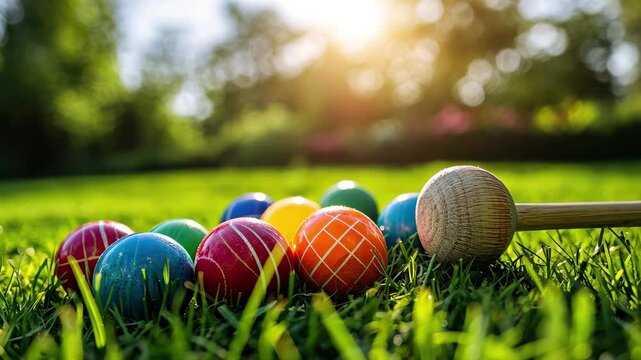 Colorful croquet balls scattered on green grass with a mallet under the sunny sky, Colorful balls on grass with croquet mallet, sunny day