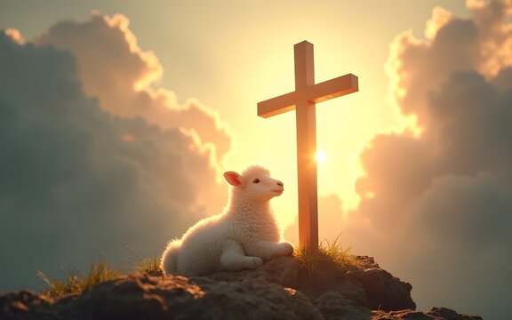 A symbolic depiction of a lamb at the cross, with soft light radiating through heavenly clouds.". High quality