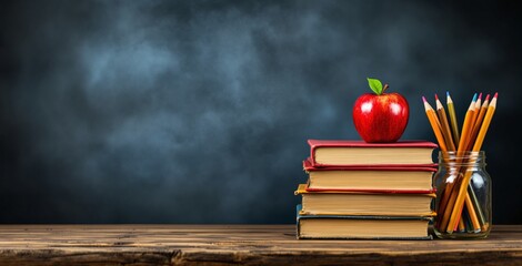 Stack of vintage books with red apple on top, colored pencils in glass jar beside, on rustic wooden surface over smoky blue background. Ai generative