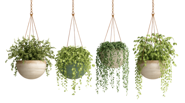 Hanging Plants: A collection of four vibrant hanging plants, each thriving in its own unique pot, showcases the beauty and simplicity of indoor gardening.