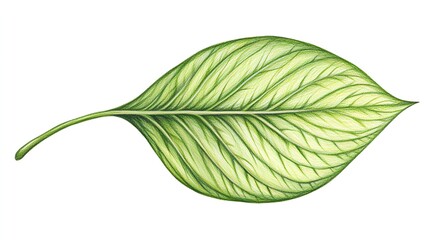 Obraz premium A meticulously illustrated, detailed, and vibrant botanical watercolor painting of a single, elongated, and textured leaf, set against a white background