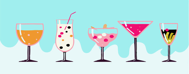 Five Colorful Cocktail Glasses: Martini, Cosmopolitan, & More