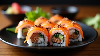 Delicious Sushi Roll on Elegant Black Plate – High-Resolution Japanese Cuisine Image for Restaurant, Menu, and Food Presentation Concepts
