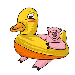 Cartoon Pig Enjoying Summer with Duck Float