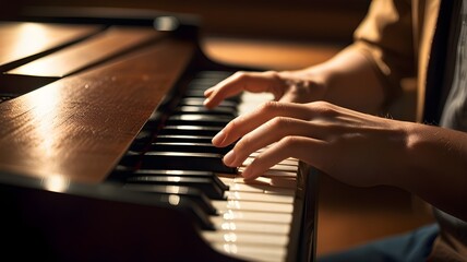 A hand playing piano keys in a warmly lit room 