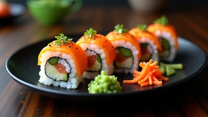 Delicious Sushi Roll on Elegant Black Plate – High-Resolution Japanese Cuisine Image for Restaurant, Menu, and Food Presentation Concepts