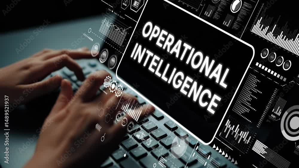 Poster Hands Typing on Keyboard with Operational Intelligence Graphics Displayed in Digital Workspace Environment. Asymptotic smart data analytic.