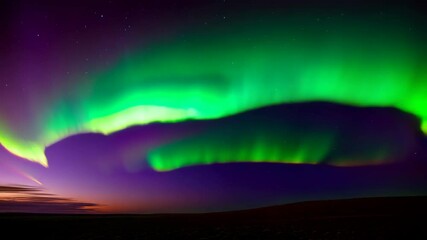 Spectacular aurora borealis illuminating the night sky with vibrant green and purple hues over a silhouette horizon line in a mesmerizing natural light show. - Powered by Adobe
