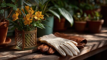 Peaceful gardening scene with bright yellow alstroemeria flowers in decorative pot beside cotton and leather gardening gloves on rustic wooden table with potted plants in background