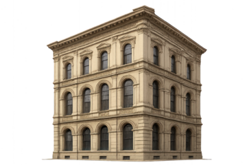 Large building with a prominent clock on top isolated on transparent background.