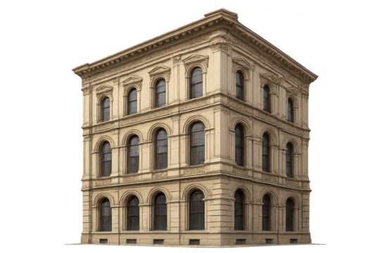 Large building with a prominent clock on top isolated on transparent background.