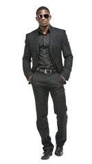 Fototapeta premium An effortlessly cool figure showcases an impeccably tailored black suit, exuding confidence and sophistication, perfect for any occasion. 