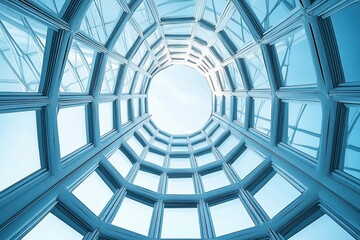 Looking up through a circular, multi-story glass atrium with a pattern of window frames surrounding a bright sky at the top, conveying openness and light