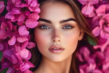 Naklejka premium Close-up portrait of a young woman with clear skin and blue eyes surrounded by vivid pink flowers, conveying calmness and natural beauty