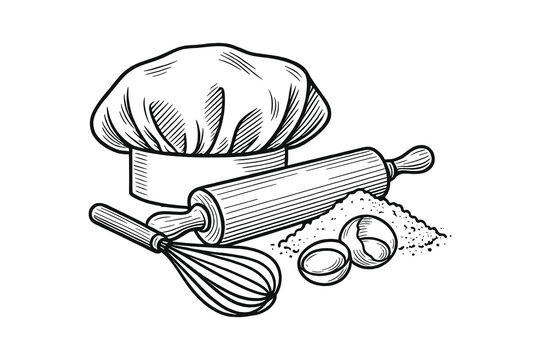 Chef hat, rolling pin, whisk, and eggs sketch illustration