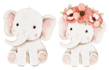 Hand-painted watercolor illustration of two baby elephants with pink flowers and leaves in a festive wreath. Isolated on white, ideal for baby showers, nursery decor, and greeting cards