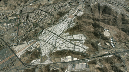 Mecca Mina City Map High Resolution Aerial Side Perspective Image