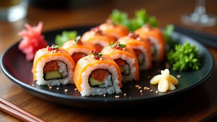Delicious Sushi Roll on Elegant Black Plate – High-Resolution Japanese Cuisine Image for Restaurant, Menu, and Food Presentation Concepts