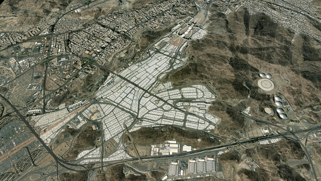 Mecca Mina City Map High Resolution Aerial Side Perspective Image