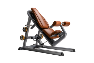Commercial leg press machine with steel frame and padded seat, isolated on transparent background