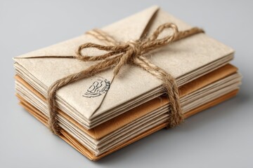 A pile of envelopes tied with string, isolated on plain white background