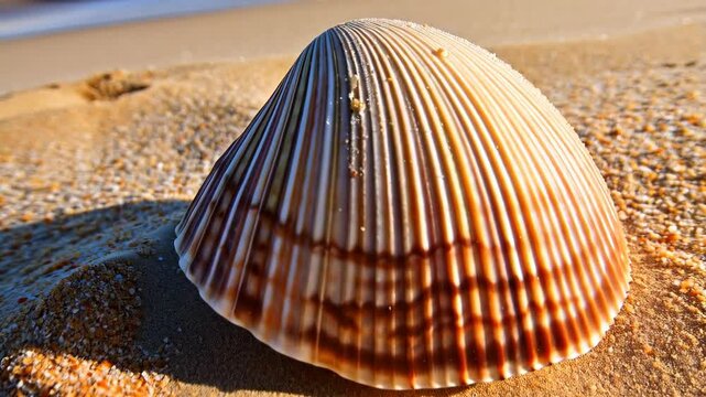 Clam shell resting on a sandy beach close to water, illuminated by bright sunlight, showing lines and textures