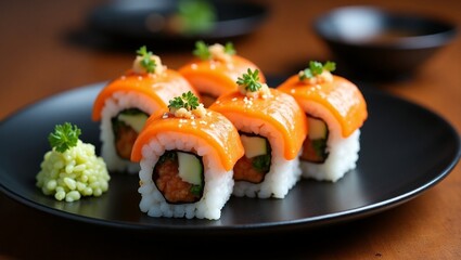 Delicious Sushi Roll on Elegant Black Plate – High-Resolution Japanese Cuisine Image for Restaurant, Menu, and Food Presentation Concepts