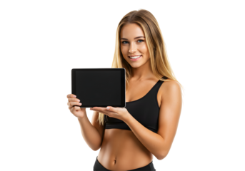 Woman Holding Tablet Device with Blank Screen on Transparent Background