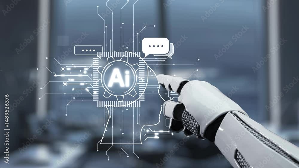 Poster a detailed depiction of a robotic hand pointing at an artificial intelligence interface, representin
