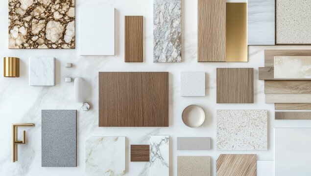Interior design material samples on white marble surface