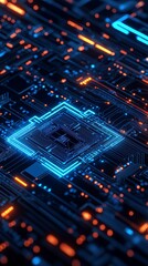 Obraz premium Abstract digital circuit board with glowing lines and dots.