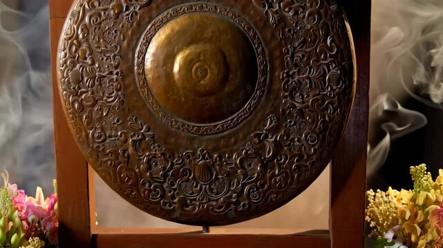 Large ornamental gong with floral decoration, wooden frame and wispy smoke effect with flower bouquet accents.