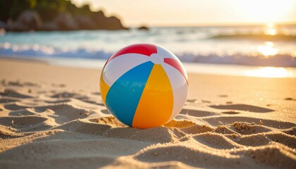 A colorful beach ball lying on a sandy beach near the ocean, ideal for summer and outdoor themes