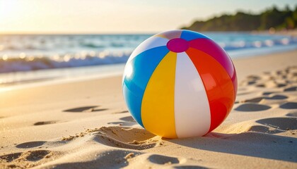 Obraz premium A colorful beach ball lying on a sandy beach near the ocean, ideal for summer and outdoor themes