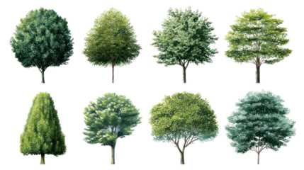 Collection of Eight Trees: A diverse collection of eight individual trees, showcasing varying shapes, sizes, and foliage, ideal for landscaping, architectural visualization, or game development.