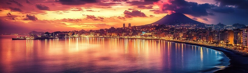 Fototapeta premium Panoramic cityscape at sunset with calm water reflecting colorful sky and city lights, mountain in background creating peaceful and vibrant atmosphere