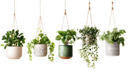 Hanging Potted Plants: A beautiful shot of a selection of vibrant green plants gracefully suspended in a minimalist setting, showcasing the simple elegance of natural design and modern aesthetics.