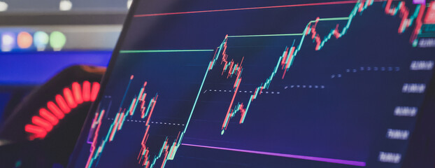 Candlestick Chart Display on Trading Monitor , financial data and technical indicators