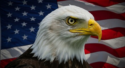 Majestic bald eagle portrait set against the backdrop of the american flag