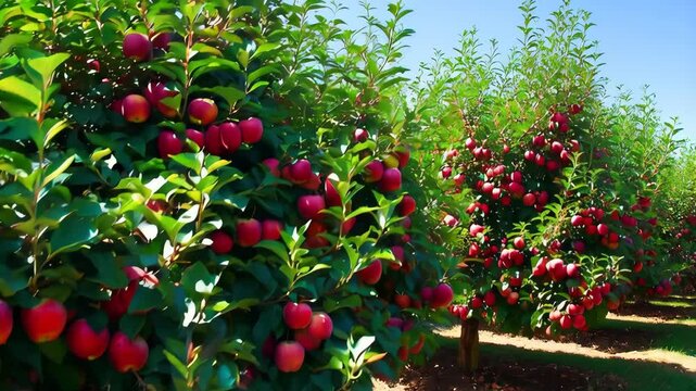 Apple orchard with abundant red apples on small trees, ripe fruit ready for harvest on a sunny day, green leaves