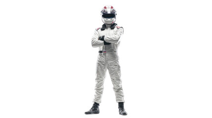 Race Car Driver Ready to Go: A confident and focused racing driver stands with crossed arms, wearing a full-body suit and helmet, ready for the race.  He's an image of determination.