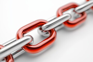 Metallic Chain Links with Red Highlights on a White Background