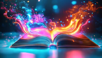 An open digital book featuring a captivating array of neon light streams.